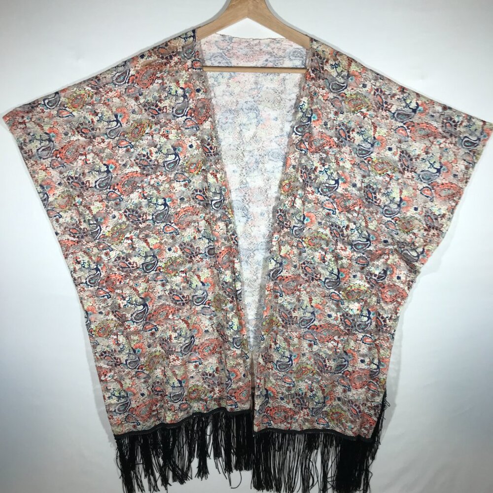 LVS Collection Women's One Size Sheer Fringed Open Front Cardigan Poncho Top